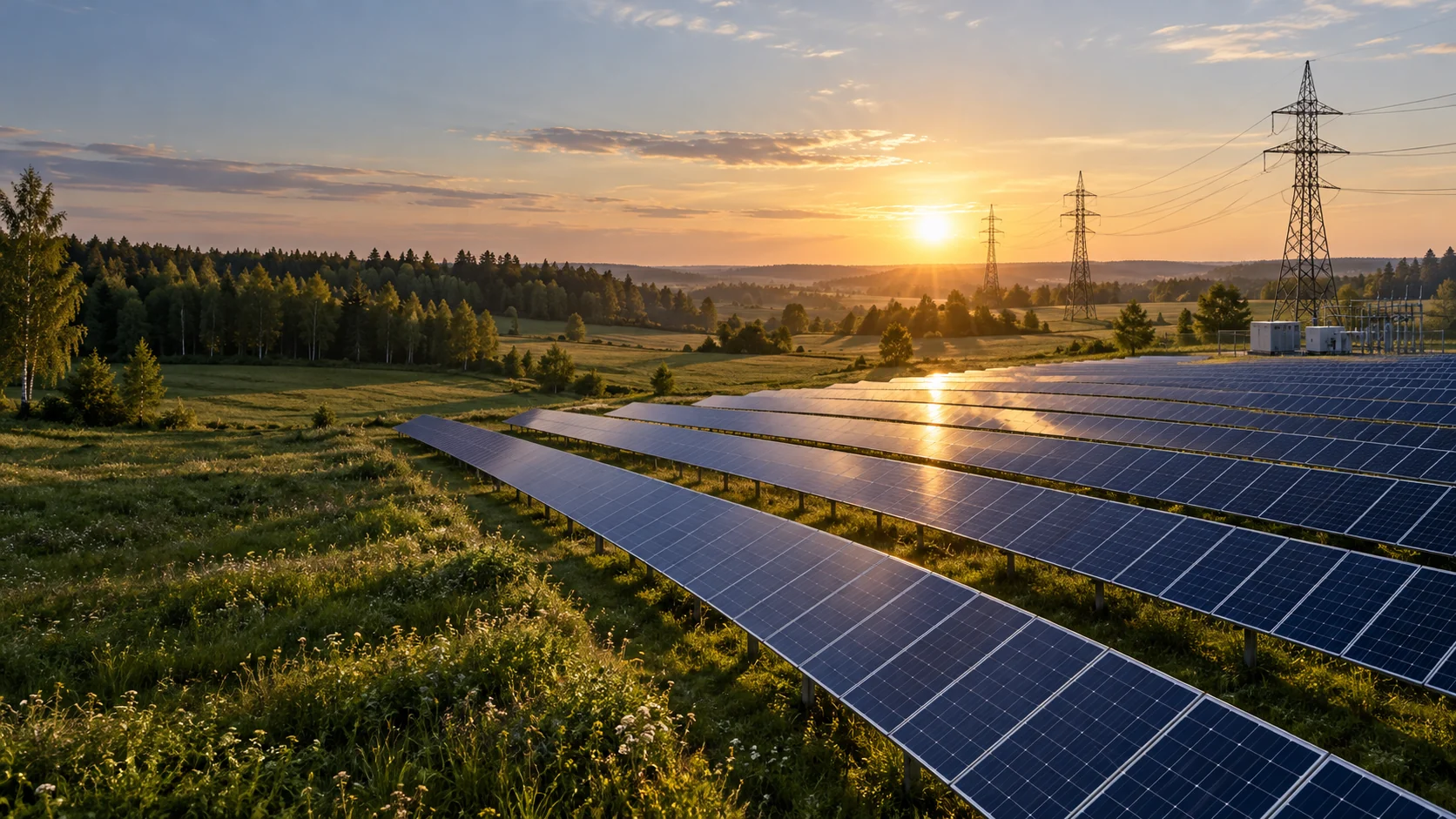 Saules gaisma apspīd paneļu rindas zaļā pļavā; tālumā redzamas trīs elektropārvades līnijas balstu konstrukcijas. Ilustratīva vizualizācija.